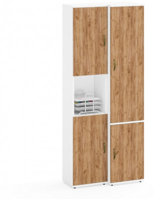 Лидер-8 Модуль Пенал + Пенал МД 21Б, цвет белый шагрень/крафт золото, ШхГхВ 80х37,5х190 см., универсальная сборка