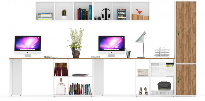 Лидер-8 Стол + Полка + Стол + Полка + Пенал МД 23Б, цвет белый шагрень/крафт золото, ШхГхВ 370х50х75/190 или 230х120/50х75/190 см., НЕ ун. сборка