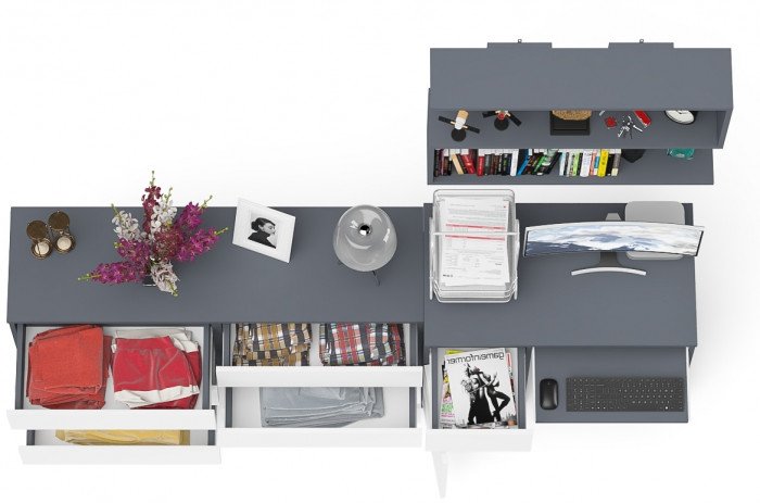 Мори Стол компьютерный МС-1 левый + Комод МК1380.6 + Полка 900, цвет графит/белый, ШхГхВ 228х50х209,6 см., НЕ универсальная сборка