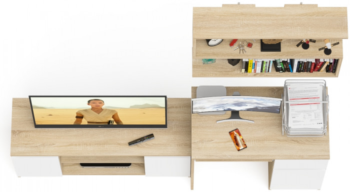 Мори компьютерный стол МС-1 правый + Тумба МТВ1200.1 + Полка 900, дуб сонома/белый