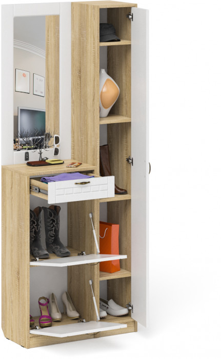 Прихожая П-6 Компоновка № 23, дуб сонома/фасады МДФ белое дерево фрезеровка прованс