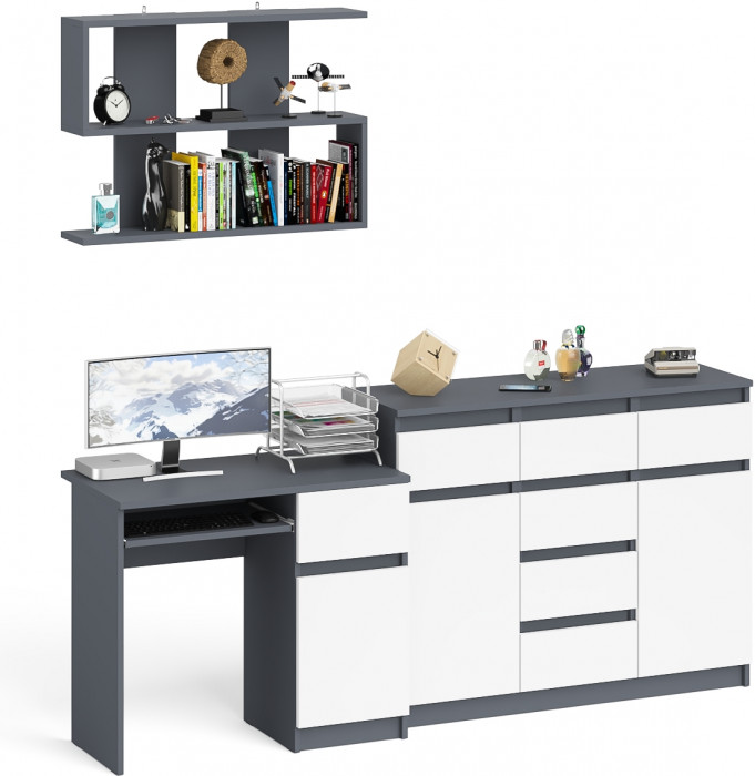Мори компьютерный стол МС-1 правый + Комод МК1200.4 + Полка 900, графит/белый