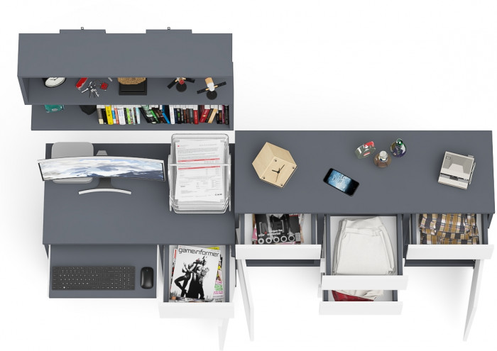 Мори компьютерный стол МС-1 правый + Комод МК1200.4 + Полка 900, графит/белый