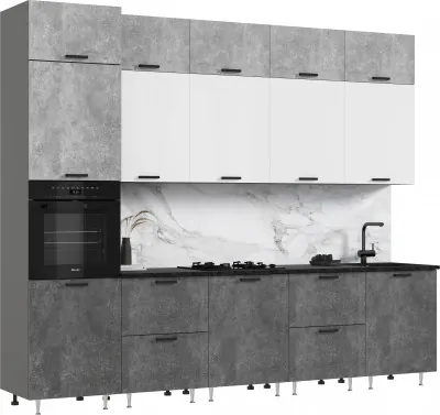 Кухня Рио NEW ЛДСП 3,0м/1080м (490) Компановка №3, Бетон светлый/Бетон темный/Белый глянец, Графит