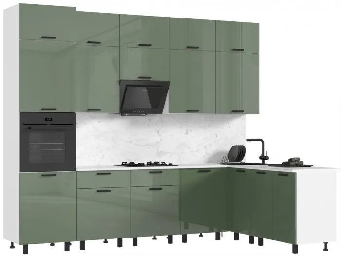 Кухня Техно 3,0х1,8/1080м Компоновка №6, Белый/Олива глянец