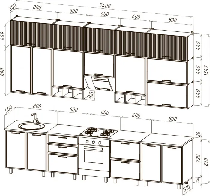 Кухня Бьянка 3,4/1350м (с элементами Люкс класса), Крафт золотой/Кашемир