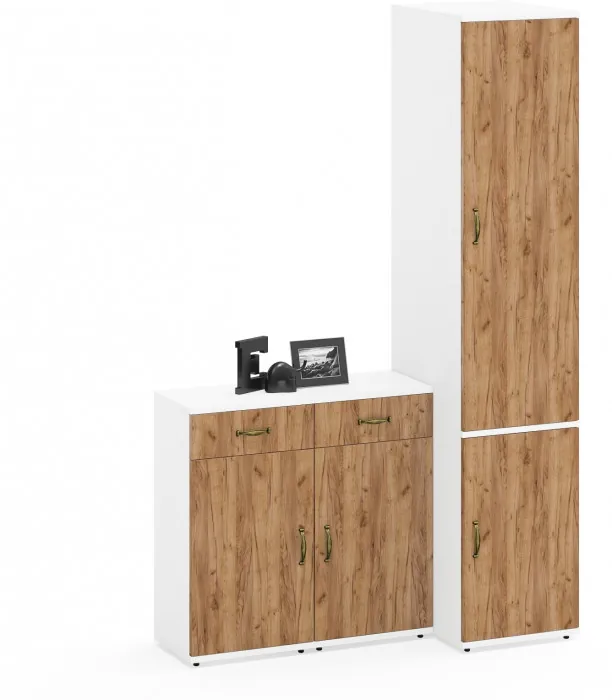 Лидер-8 Пенал МД 23Б + Тумба МД 3.15 + Тумба МД 3.15, белый шагрень/крафт золото