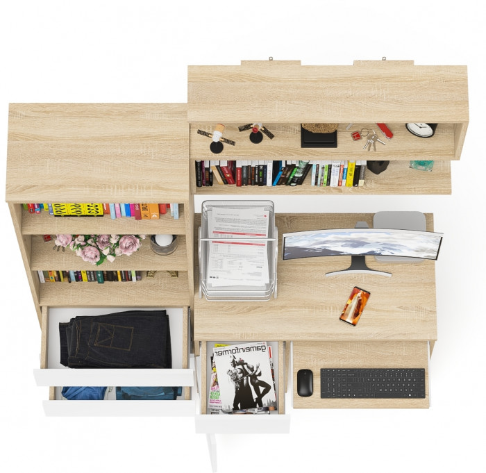 Мори компьютерный стол МС-1 левый + Стеллаж МСТ600.3 + Полка 900, дуб сонома/белый