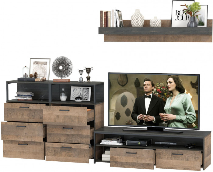 Трувор 13.70 Тумба под ТВ + 13.307.02 Комод + 13.307.02 Комод + 15.60 Полка, цвет дуб гранж песочный/интра, ШхГхВ 281,8х45,4х195 см., универс. сборка