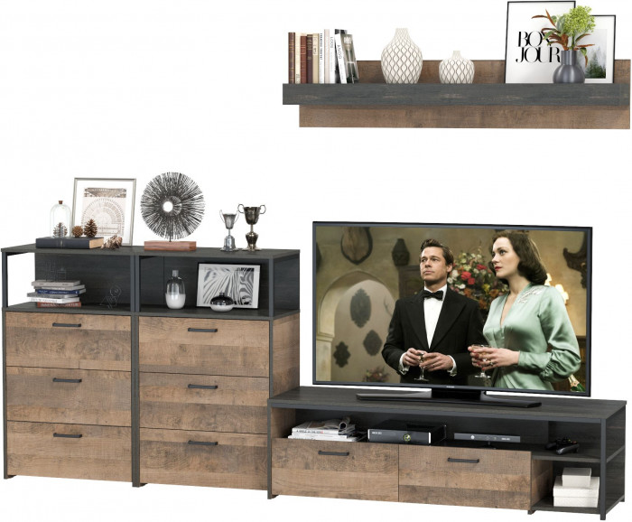 Трувор 13.70 Тумба под ТВ + 13.307.02 Комод + 13.307.02 Комод + 15.60 Полка, цвет дуб гранж песочный/интра, ШхГхВ 281,8х45,4х195 см., универс. сборка