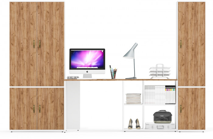 Лидер-8 Шкаф МД 20Б + Стол + Пенал 21Б, цвет белый шагрень/крафт золото, ШхГхВ 285х50/37,5х75/190 или 195х120х75/190 см., НЕ ун.сб.