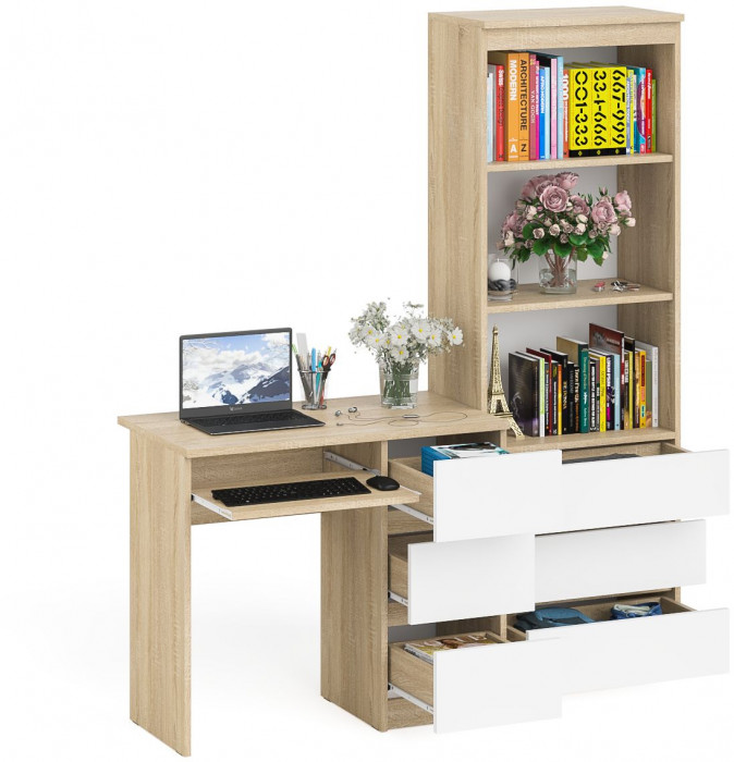 Мори Стол компьютерный МС-6 правый + Стеллаж МСТ600.3, цвет дуб сонома/белый, ШхГхВ 150,4х50х179,6 см., выдвижные ящики справа, НЕ универс. сборка