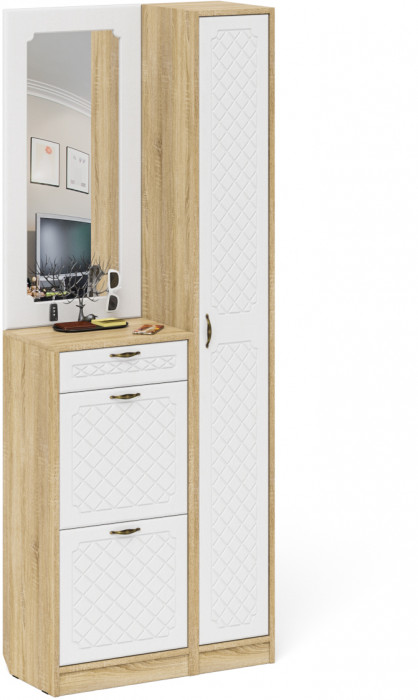 Прихожая П-6 Компоновка № 23, дуб сонома/фасады МДФ белое дерево фрезеровка ромб