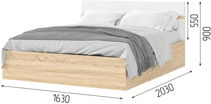 ЛИБЕРТИ КР 02 Кровать 1,6 (1632х900х2032) Фасад МДФ БЕЛЫЙ ГЛЯНЕЦ/Корпус ДУБ СОНОМА
