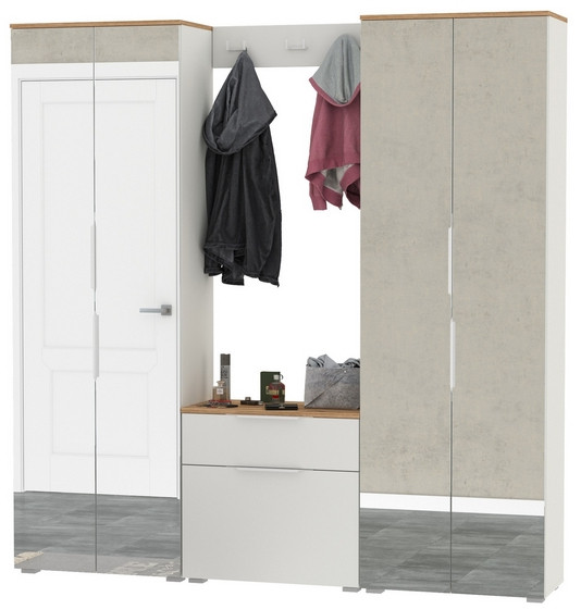 Октава Прихожая 26, цвет белый шагрень/дуб крафт золотой/фасады МДФ белый шагрень, ШхГхВ 193,7х35,4х197,6 см., универсальная сборка