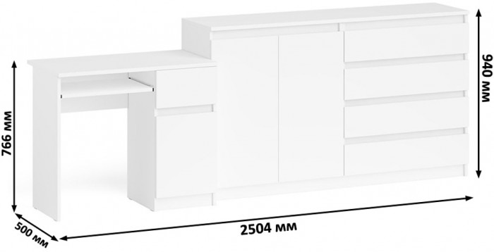 Мори Стол компьютерный МС-1 правый + Комод МК1600.1, цвет белый, ШхГхВ 250,4х50х94 см., выдвижной ящик справа, НЕ универсальная сборка