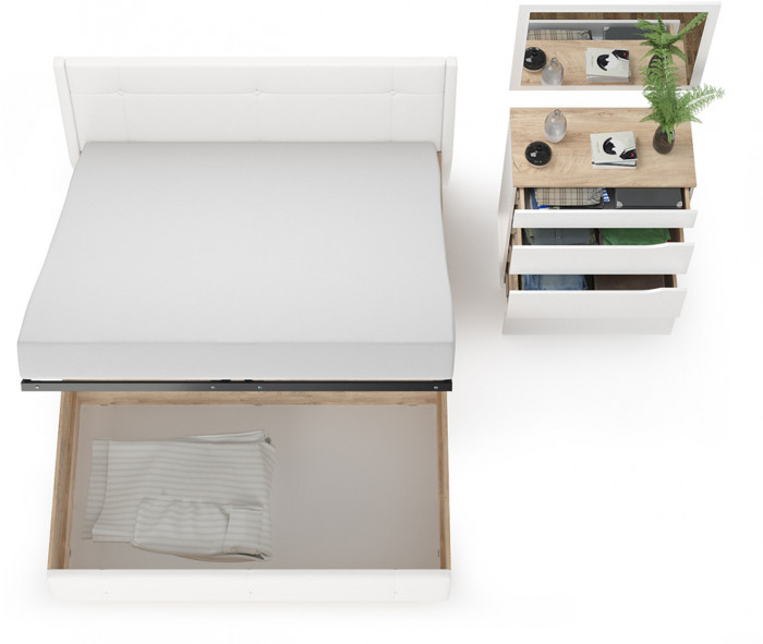 Муссон Кровать 11.28 + подъёмный ортопед + Комод 13.97 + Зеркало СВК, цвет белый/дуб эндгрейн элегантный/кожзам белый, сп. м. 1600х2000 мм., б/м