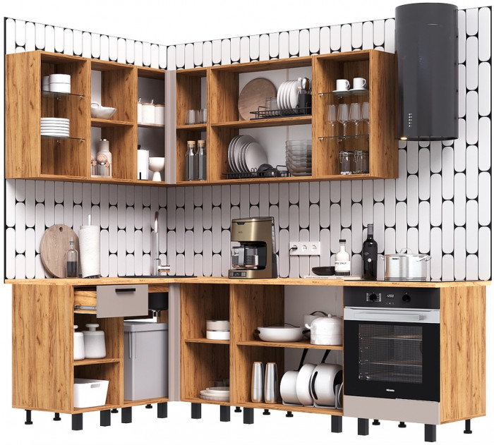 Кухня Техно 1,4х2,4м Компоновка №9, Крафт золотой/Холст латте