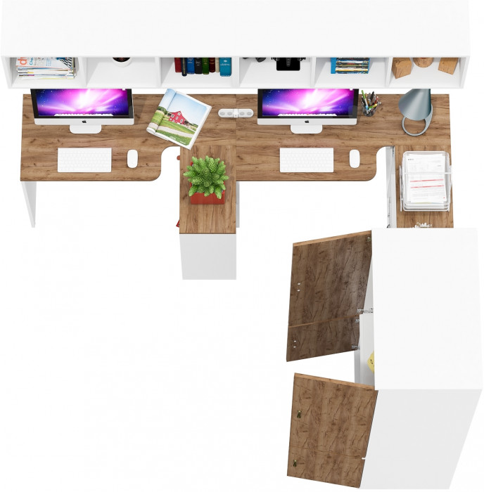 Лидер-8 Стол + Полка + Стол + Полка + Шкаф МД 19Б + Тумба МД 3.19, цвет белый шагрень/крафт золото, 450х50х75/190 или 230х200/50х75/190, НЕ ун. сб.