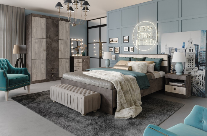 Кровать двуспальная 160х200 с щитовым основанием "Лондон" - Оникс/Бетон пайн светлый