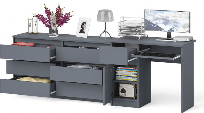 Мори Стол компьютерный МС-1 левый + Комод МК1380.6, цвет графит, ШхГхВ 228х50х76,6 см., выдвижной ящик слева, НЕ универсальная сборка