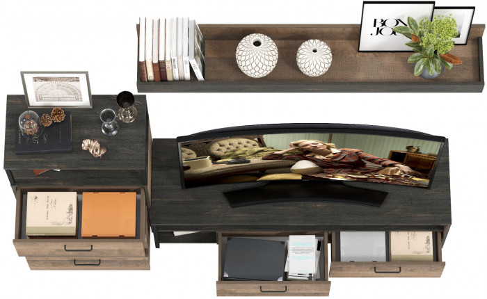 Трувор 13.70 Тумба под ТВ + 13.307.02 Комод с ящиками + 15.60 Полка, цвет дуб гранж песочный/интра, ШхГхВ 215,8х45,4х195 см., универсальная сборка