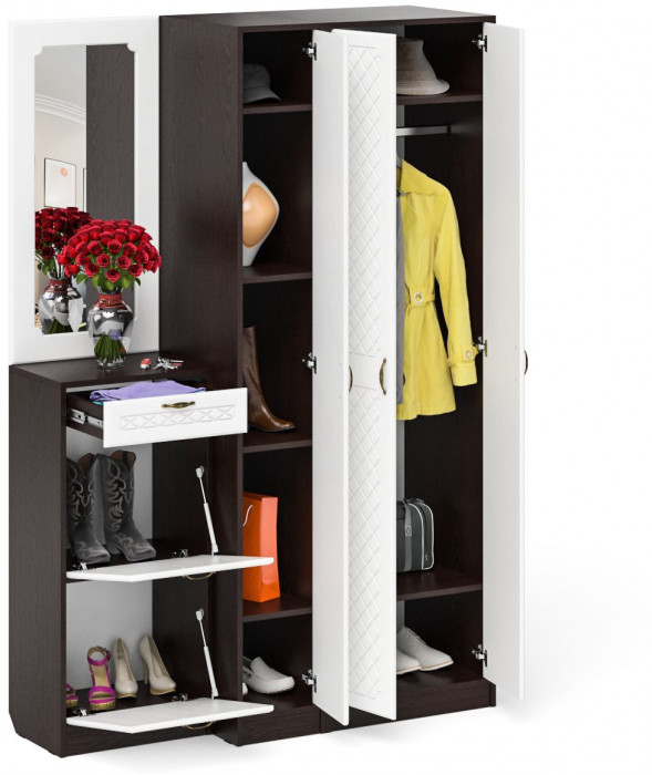Прихожая П-6 Компоновка № 49, цвет венге/фасады МДФ белое дерево фрезеровка ромб, ШхГхВ 140х50х210 см., универсальная сборка