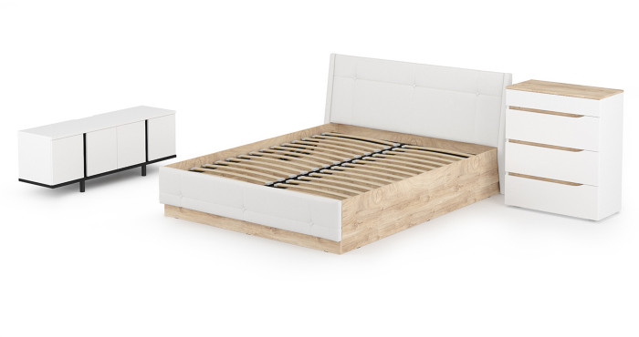 Муссон Кровать 11.28 + подъёмный ортопед + Комод 13.97 + Тумба ТВ 13.276, цвет белый/чёрный/дуб эндгрейн элегантный/кожзам белый, 1600х2000 мм., б/м