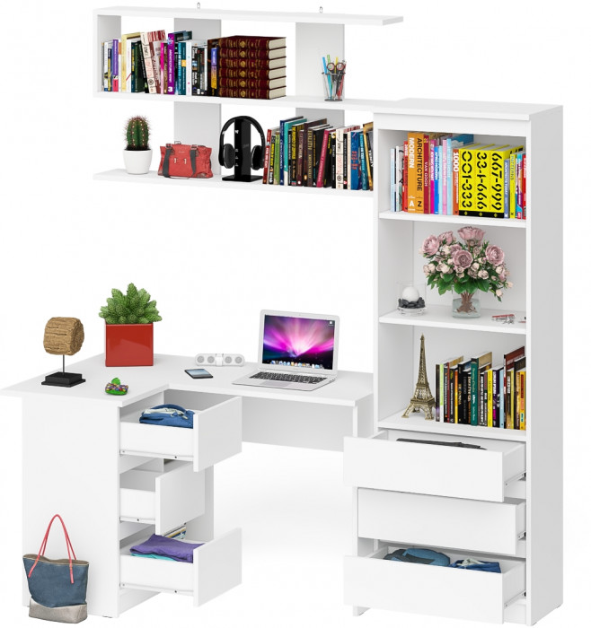 Мори компьютерный стол МС-16 левый + Стеллаж МСТ600.3 + Полка 1200, белый