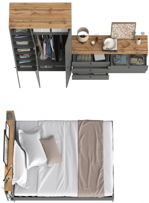 Остин 11.53 Кровать + ортопед + 13.336.03 Шкаф для одежды + 16.240 Комод, серый графит/дуб крафт золотой