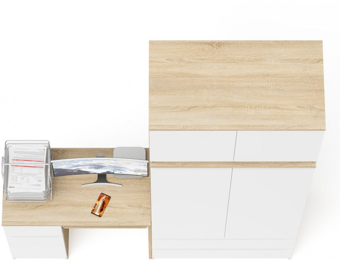Мори Стол компьютерный МС-1 левый + Шкаф МШ900.1 + Антресоль МА900.1, цвет дуб сонома/белый, ШхГхВ 180,4х50,4х234,2 см., выдвиж. ящ. слева, НЕ ун. сб.