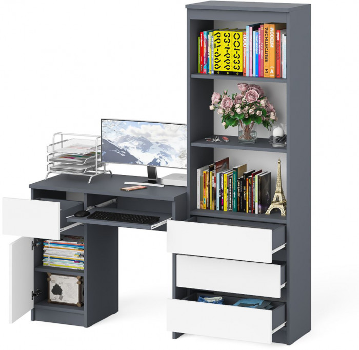 Мори компьютерный стол МС-1 левый + Стеллаж МСТ600.3, графит/белый