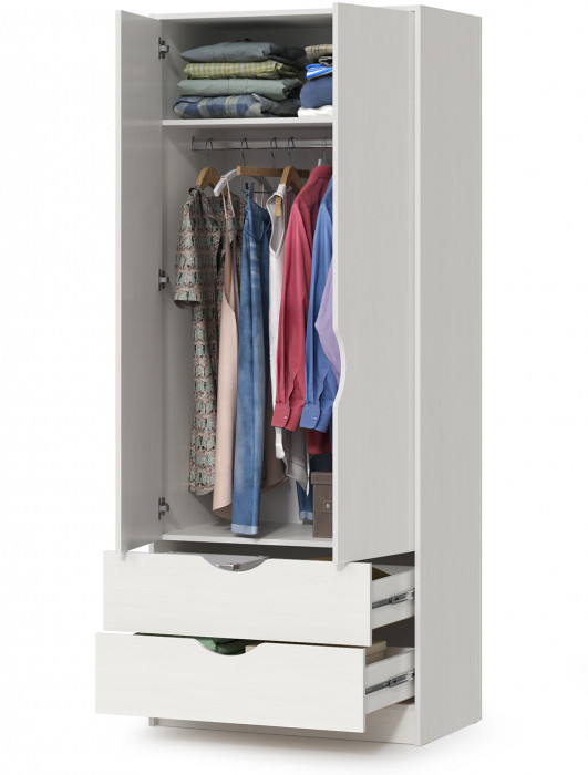 КР100 Уна 13.327 Шкаф для одежды, цвет белый(структура Поры дерева), ШхГхВ 83,8х49,7х205,3 см., два выдвижных ящика