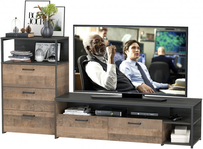 Трувор 13.70 Тумба под ТВ + 13.307.02 Комод с ящиками, цвет дуб гранж песочный/интра, ШхГхВ 215,8х45,4х106,9 см., универсальная сборка