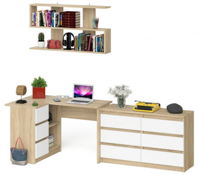 Мори компьютерный стол МС-16 левый + Комод МК1200.6 + Полка 1200, дуб сонома/белый