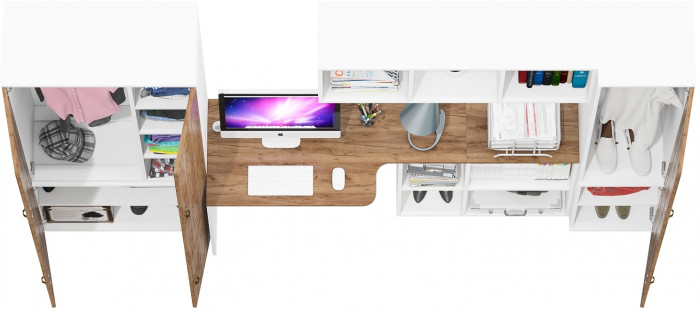 Лидер-8 Шкаф МД 20Б + Стол + Полка + Пенал 21Б, цвет белый шагрень/крафт золото, ШхГхВ 285х50/37,5х75/190 или 195х120х75/190 см., НЕ ун.сб.