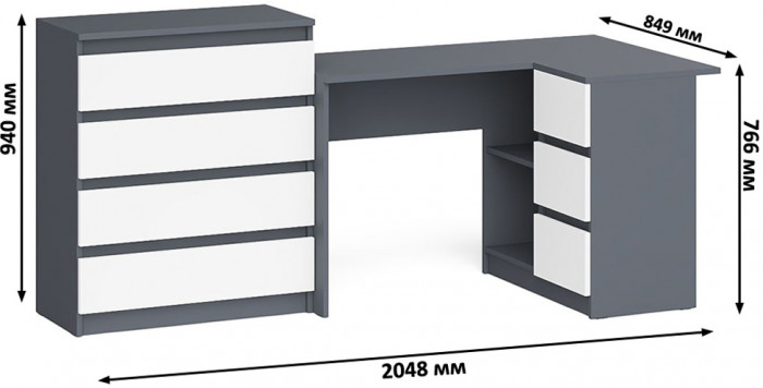 Мори Стол компьютерный МС-16 правый + Комод МК800.4, цвет графит/белый, ШхГхВ 204,8х84,9х94 см., выдвижные ящики справа, НЕ универсальная сборка