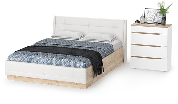 Муссон Кровать 11.28 + подъёмный ортопед + Комод 13.97, цвет белый/дуб эндгрейн элегантный/кожзам белый, сп. м. 1600х2000 мм., б/м