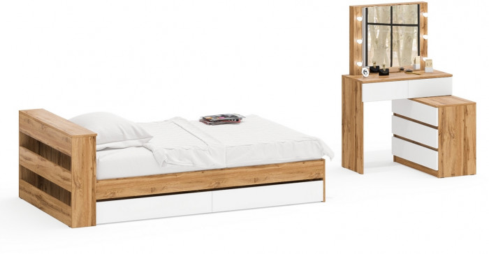 Ксения Кровать с ящиками 1200 + Стол косметический с подсветкой 110, дуб вотан/белый