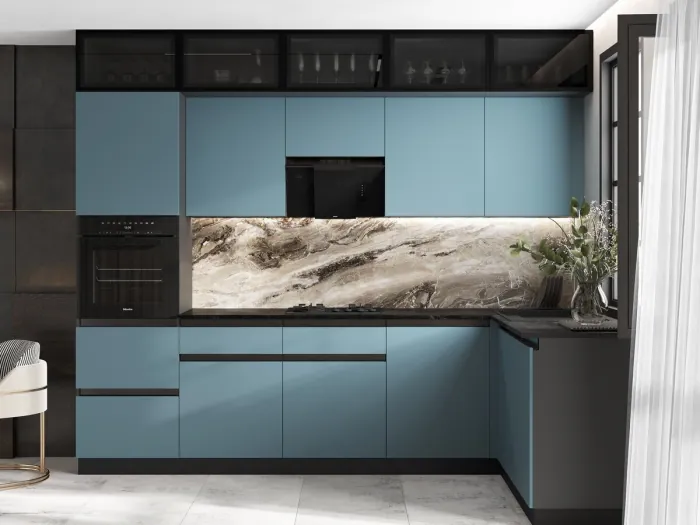 Кухня Техно-6 3,0х1,8м Графит/Браш Блю