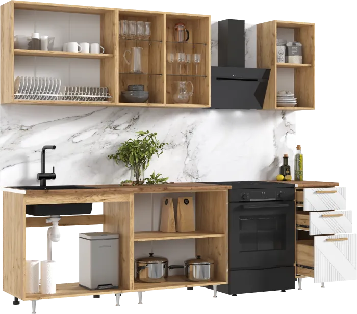 Кухня Ирис 2,0м (490) Компановка №2 Дуб Крафт/Браш Вайт (Дуб вотан)
