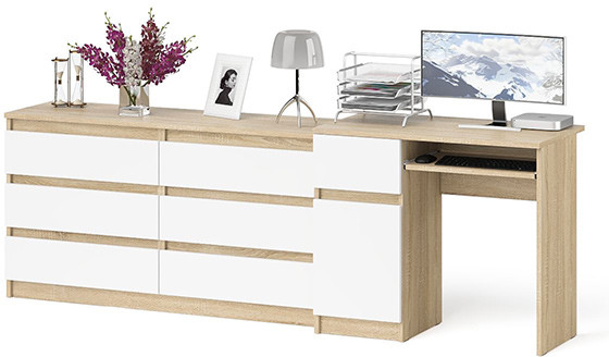 Мори Стол компьютерный МС-1 левый + Комод МК1380.6, цвет дуб сонома/белый, ШхГхВ 228х50х76,6 см., выдвижной ящик слева, НЕ универсальная сборка