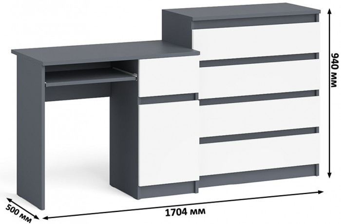 Мори Стол компьютерный МС-1 правый + Комод МК800.4, цвет графит/белый, ШхГхВ 170,4х50х94 см., выдвижной ящик справа, НЕ универсальная сборка