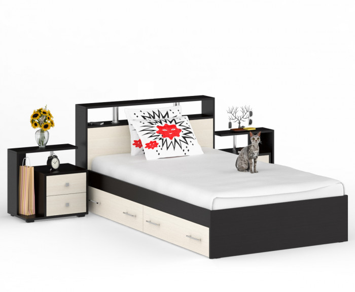 Камелия Кровать с ящиками 1200 + две тумбы, венге/дуб лоредо