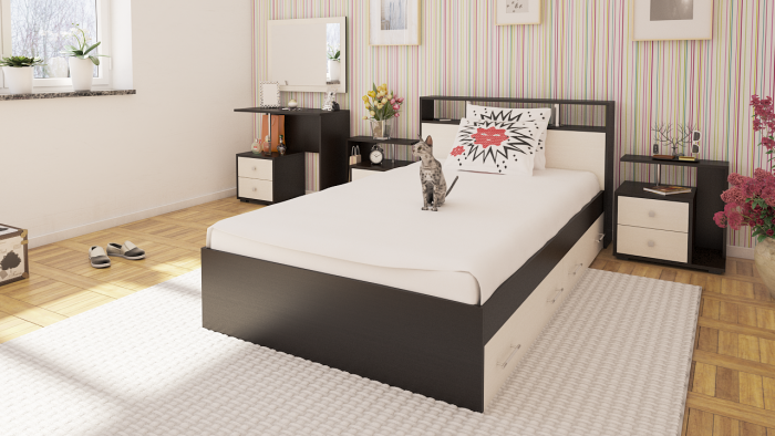 Камелия Кровать с ящиками 1200 + две тумбы, венге/дуб лоредо