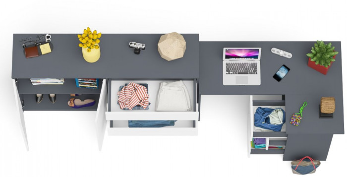 Мори компьютерный стол МС-16 правый + Комод МК1600.1, графит/белый