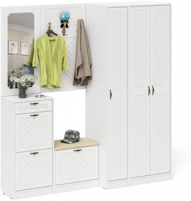 Прихожая П-6 Компоновка № 51, цвет белая шагрень/фасады МДФ белое дерево фрезеровка ромб, ШхГхВ 200х50х210 см., универсальная сборка