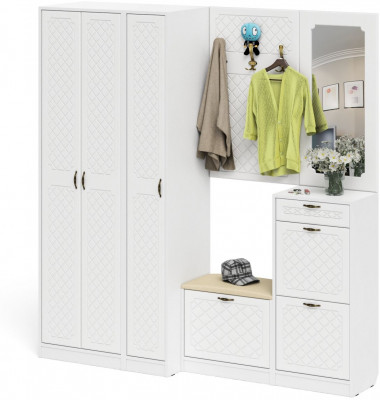 Прихожая П-6 Компоновка № 51, цвет белая шагрень/фасады МДФ белое дерево фрезеровка ромб, ШхГхВ 200х50х210 см., универсальная сборка