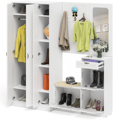 Прихожая П-6 Компоновка № 51, цвет белая шагрень/фасады МДФ белое дерево фрезеровка ромб, ШхГхВ 200х50х210 см., универсальная сборка