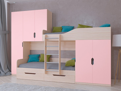 Кровать двухъярусная Лео Дуб молочный/Розовый